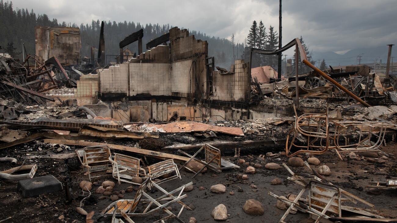 Burnt remnants of house and landscape destroyed by wildfire