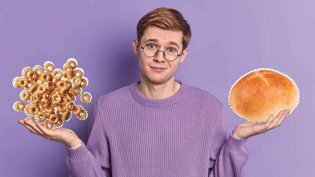 Mixed-media image showing a student shrugging with an over-sized bun in one hand and cascading Cheerios in the other