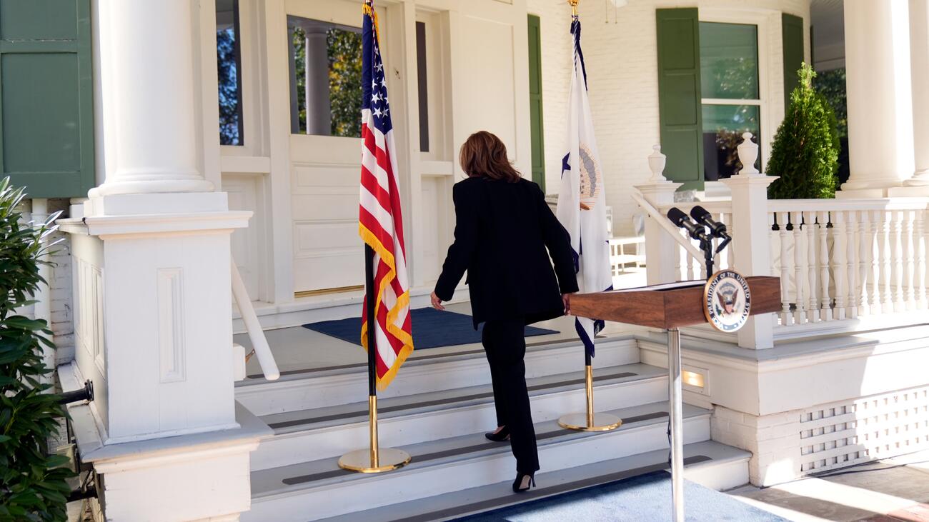 Vice President Kamala Harris ascends stairs at vice president’s residence 