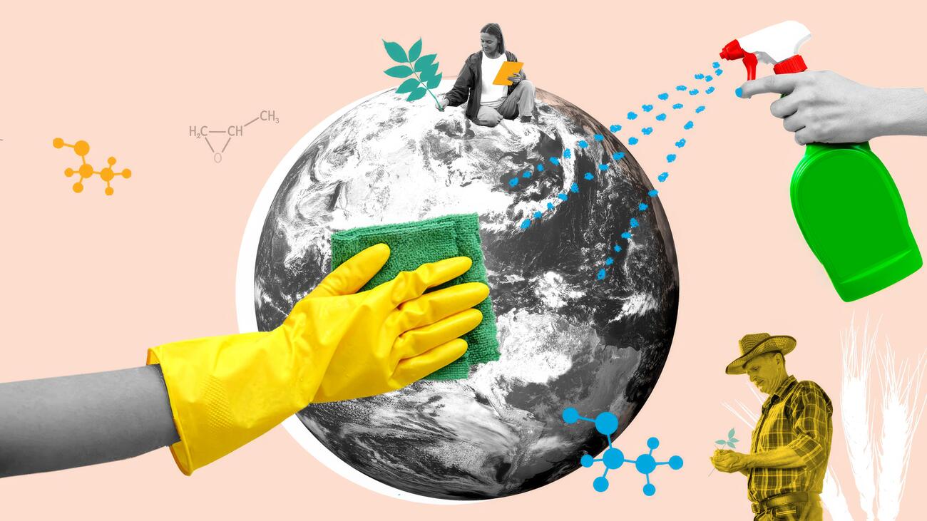 A graphic of hands and people cleaning up the earth with a spray bottle, a cloth, plants, and chemicals.