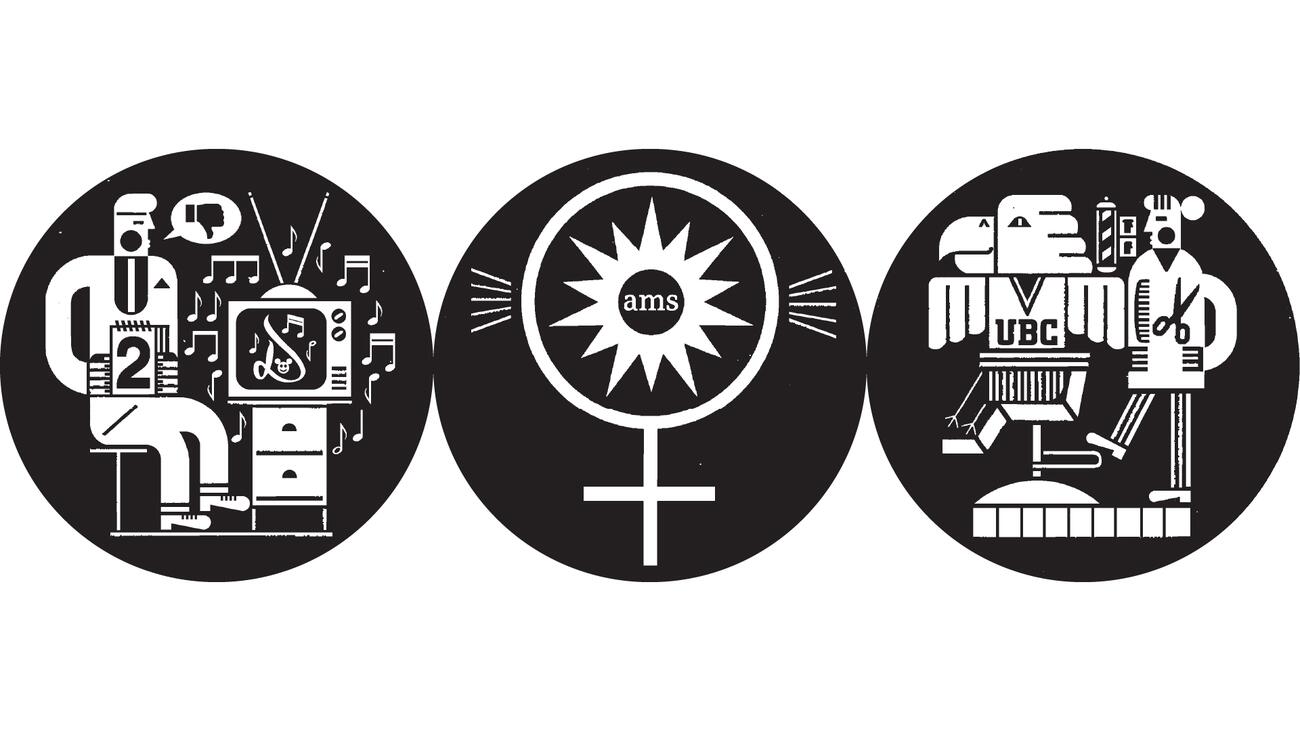 A black and white graphic of three circles: one of someone judging music, one with the AMS logo in a female gender symbol, and one of a Thunderbird getting a haircut.