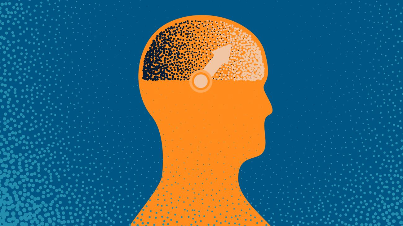 An orange graphic of a person with a dial in their head against a blue background.