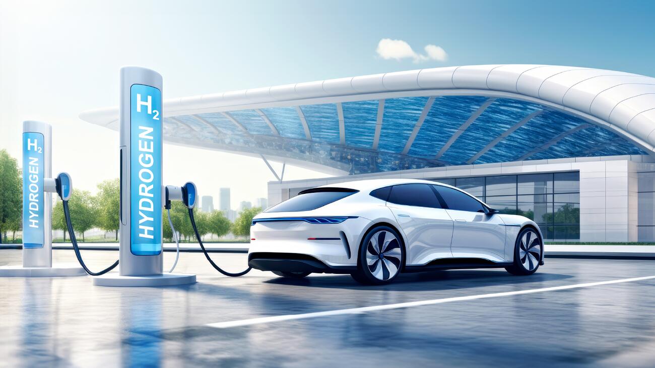 A futuristic depiction of a car plugged into a hydrogen fuelling station.