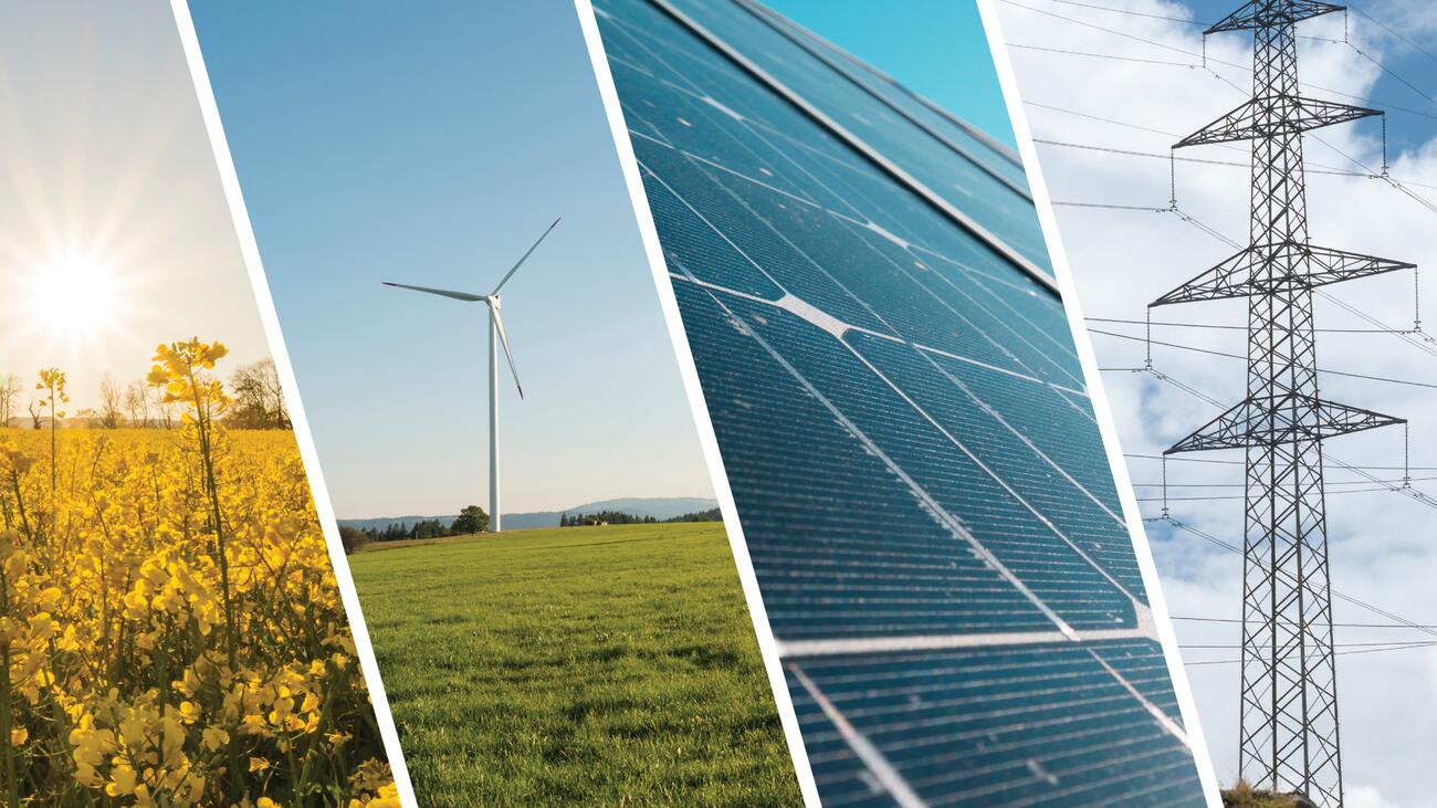 Collage of four images: a field of canola, a wind turbine, solar panels, and a cell tower