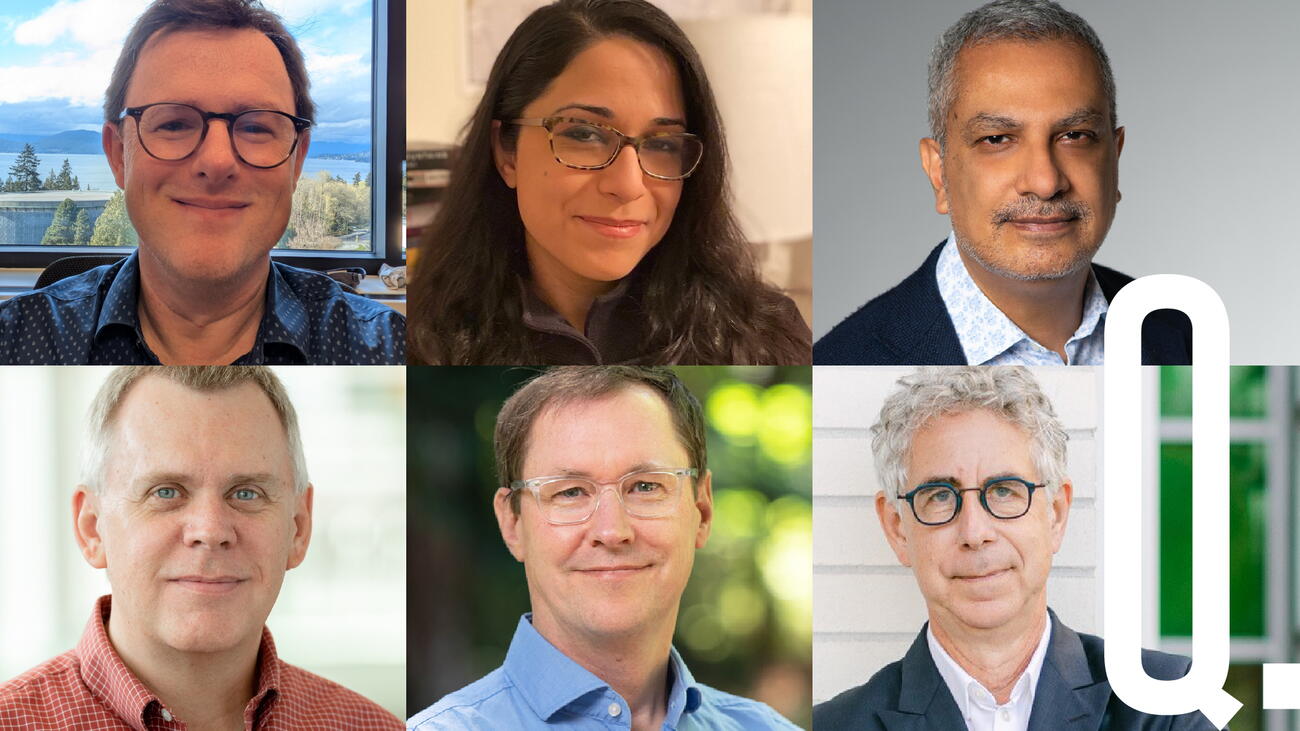 Headshots of the six experts, with a white capital letter Q juxtaposed on top
