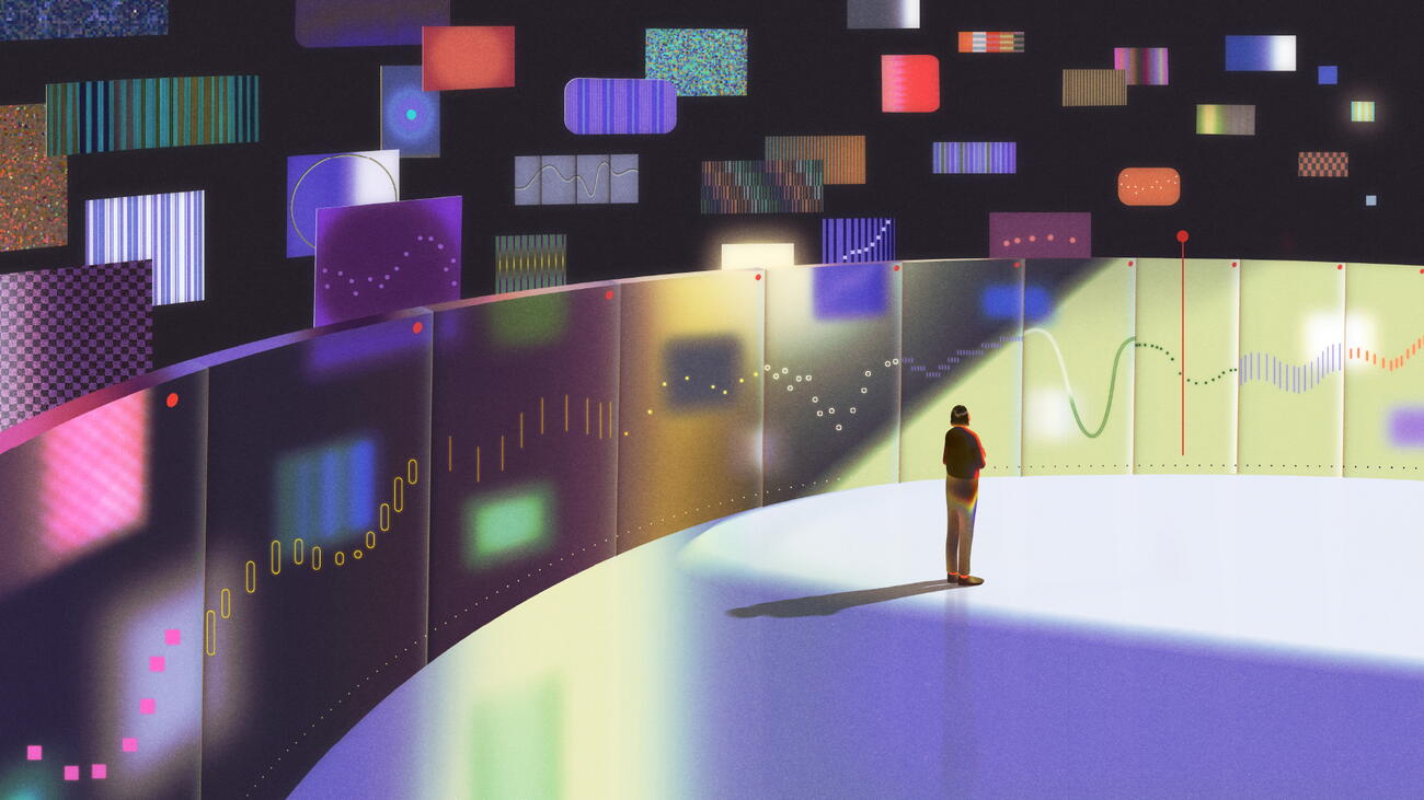 An illustration of a person standing gated in by screens and abstract patterns and colourful barcodes.
