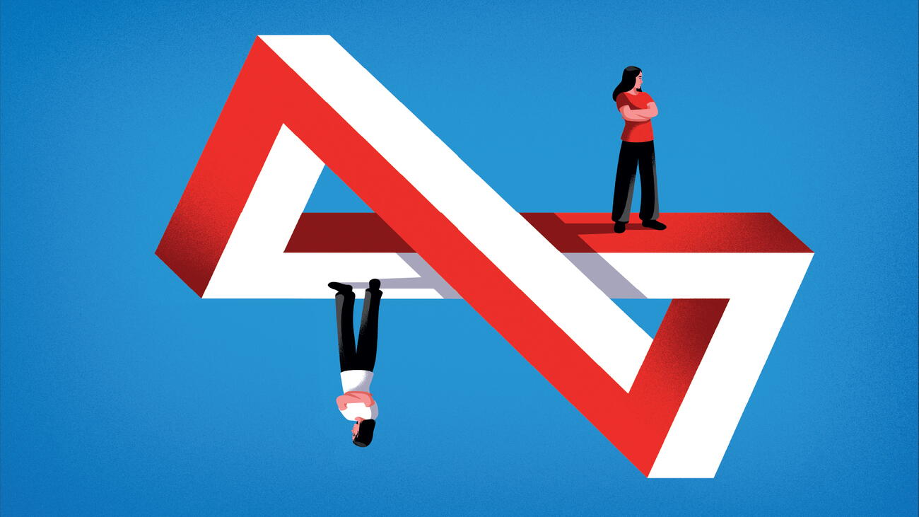 An illustration of two people standing on opposite sides of a rectangular infinity loop