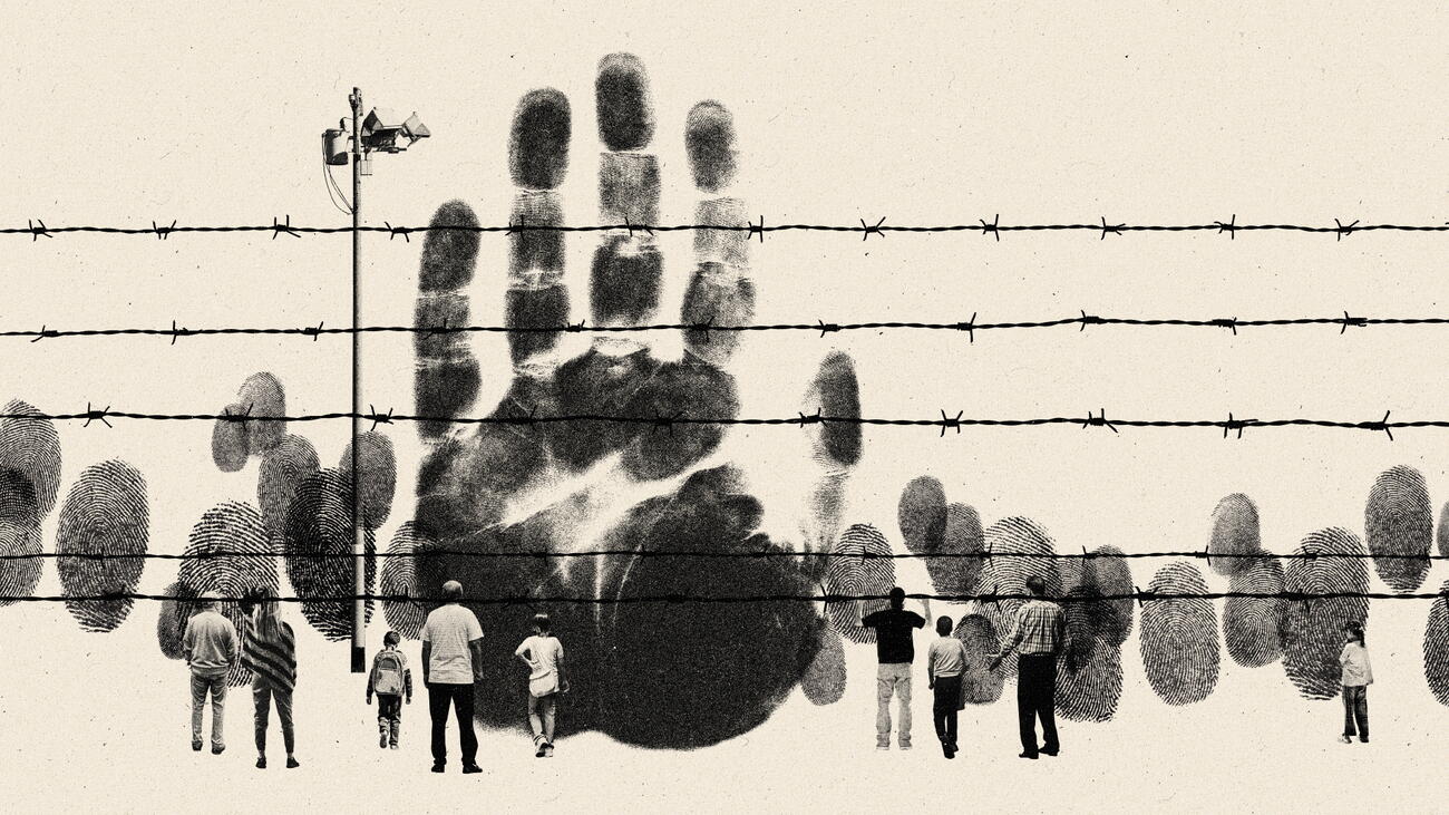An illustration of people standing before a barbed wire wall, behind which are finger prints and a giant hand print.