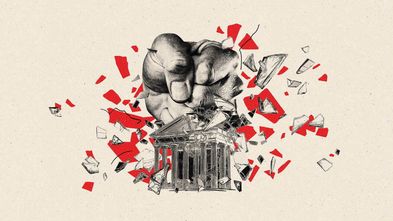 An illustration of a fist shattering the USA Supreme Court Building.