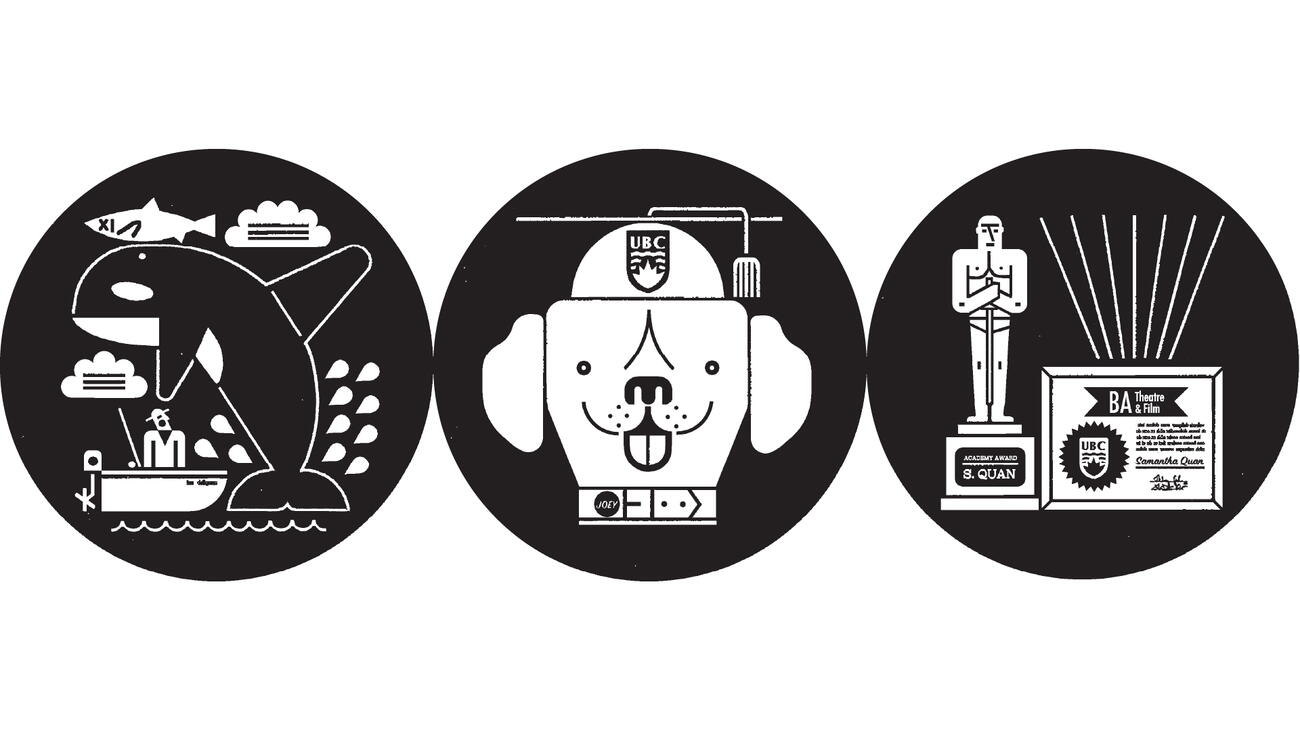 Three illustrations: an orca wearing a dead salmon on its head; a dog with a UBC graduation cap and a collar with the name 'Joey'; and an Oscar trophy with the name 'S. Quan'