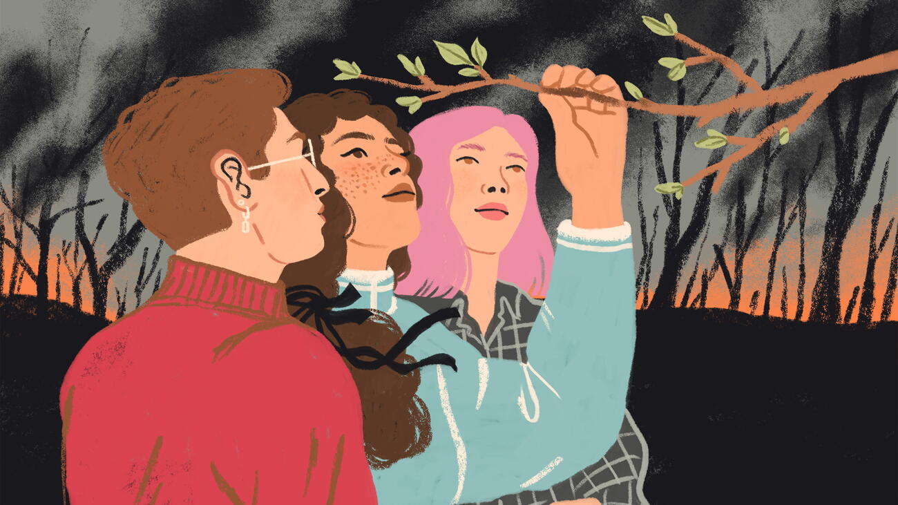An illustration of three people looking up at a branch while a wildfire rages in the background