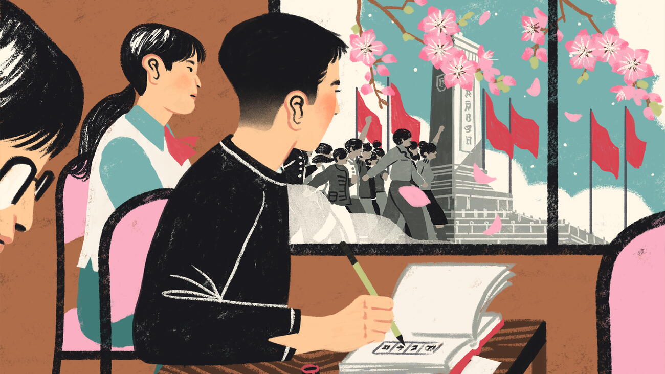 An illustration of students in a classroom practicing calligraphy, while outside the window other people march beside red flags