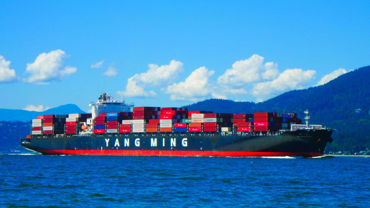 Freighter on water in front of mountains