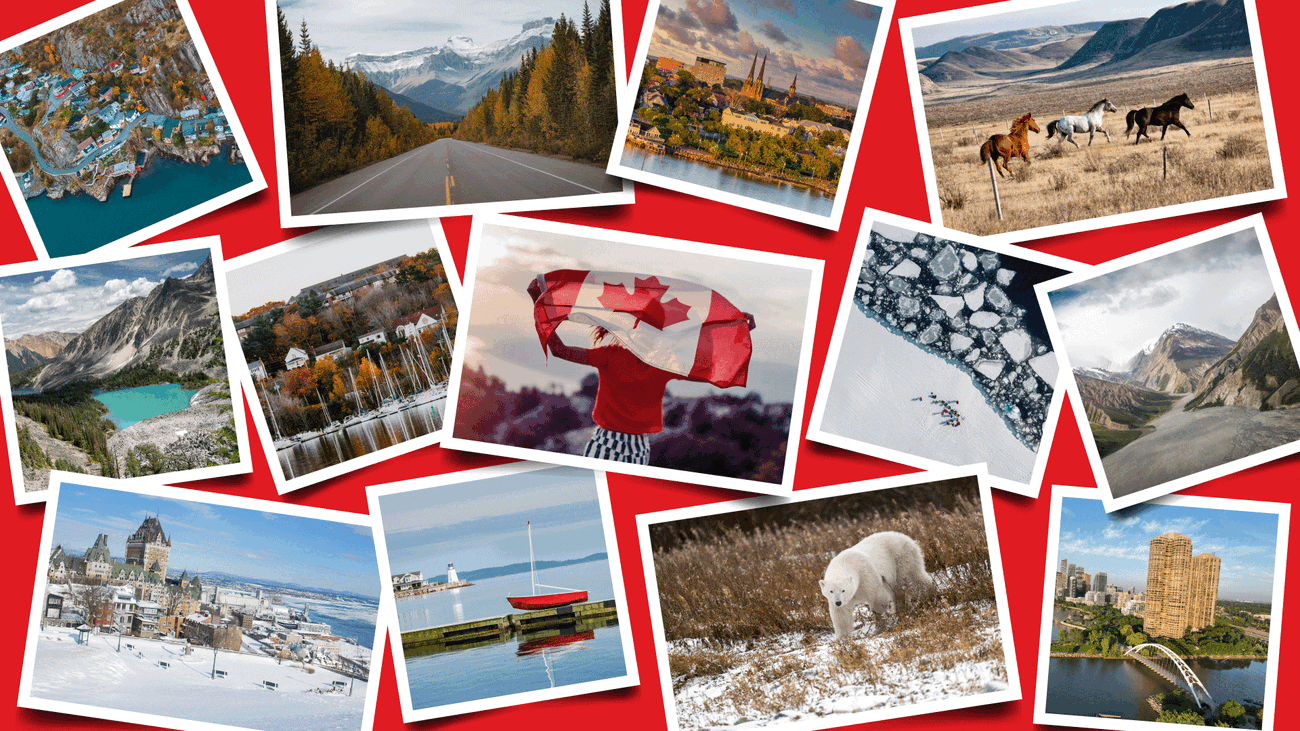 A gif of vacation photos of different Canadian locales filling up a red background