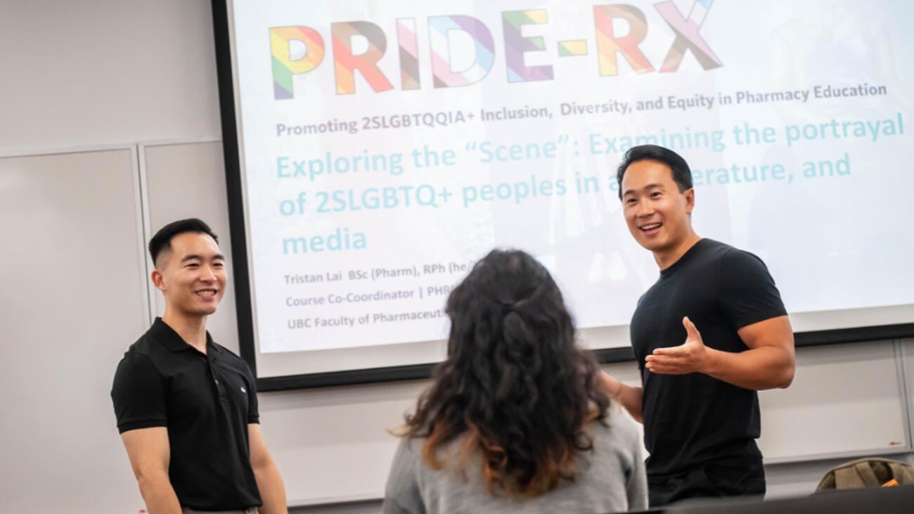 Tristan Lai, Alex Tang, and Lillian Chen chat in front of a slideshow at a PRIDE-RX presentation