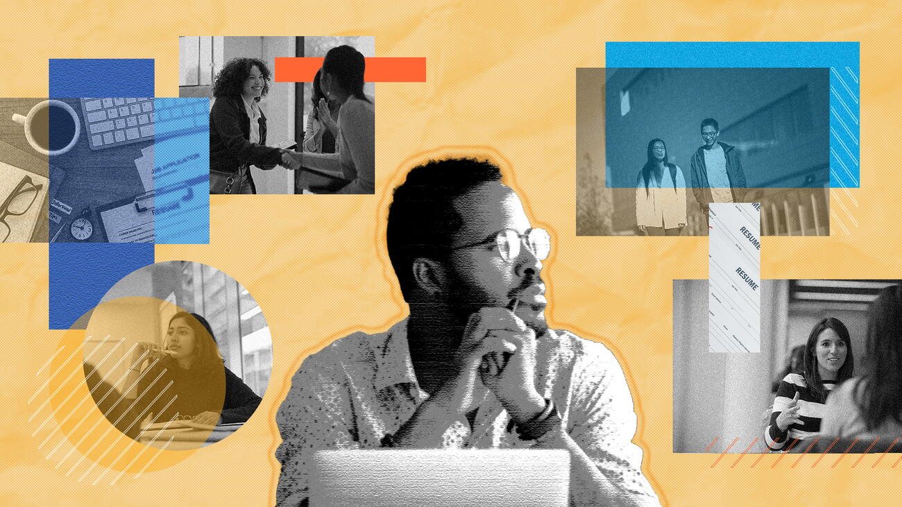 Mixed-media image collage showing black and white photos of young people in career-related settings with colourful graphic elements