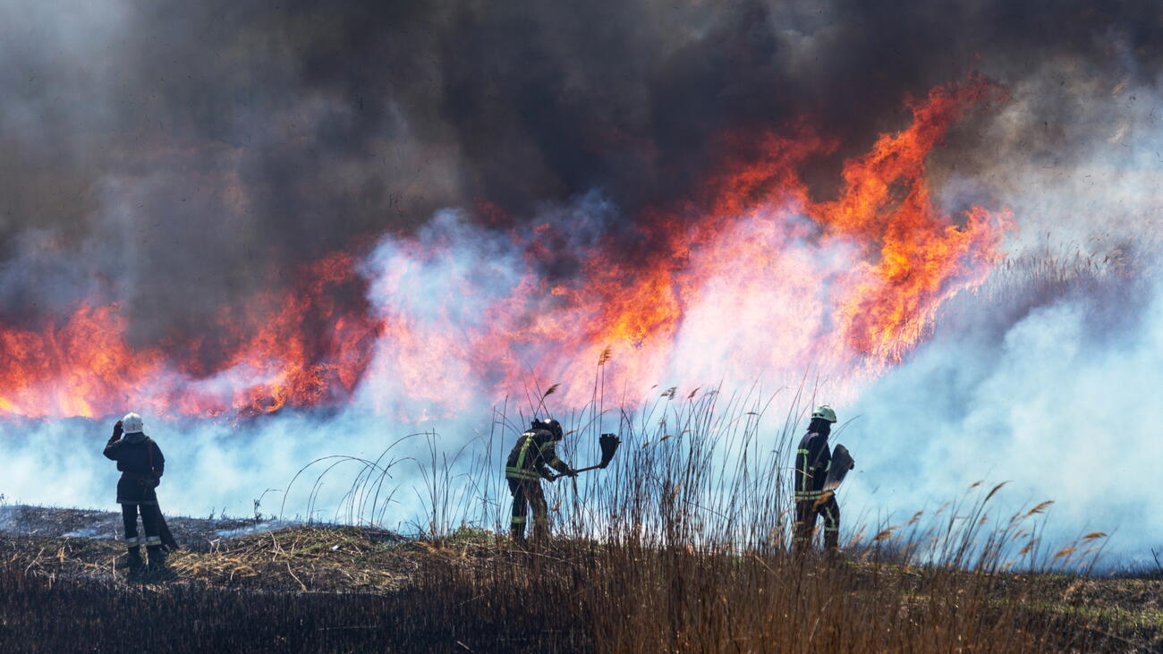 Three firefighters in front of a wildfire