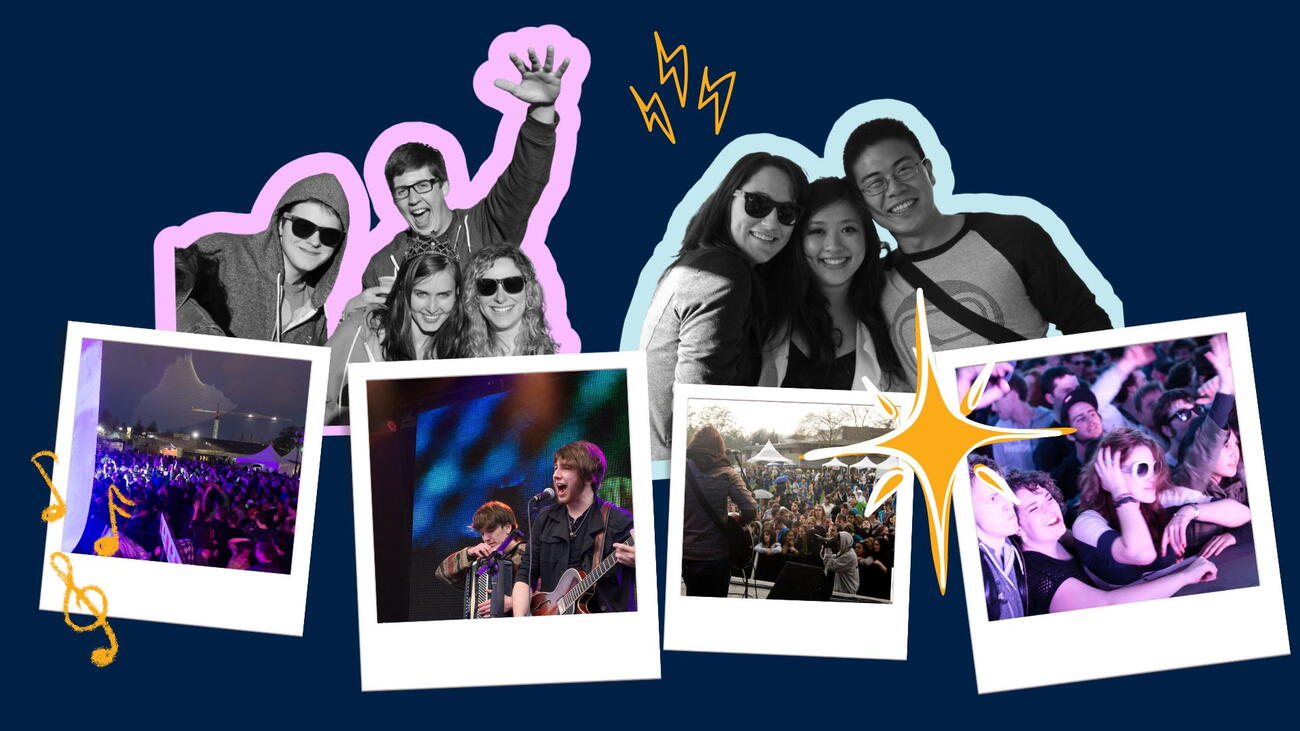 Polaroids of various UBC shows and concerts with cut-outs of students in the top half of image