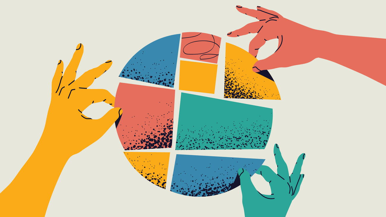 Three hands in different colours pick pieces from a circle