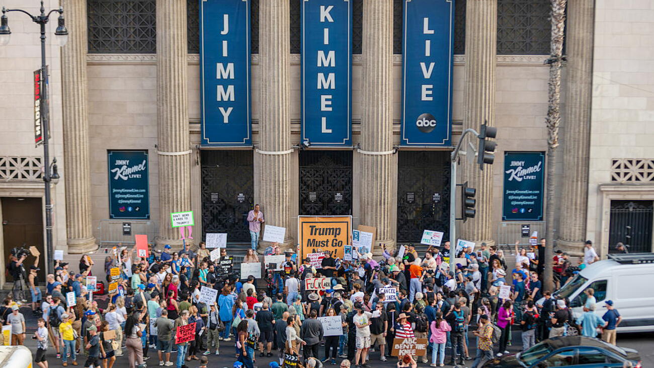 A crowd of protesters outside the building where Jimmy Kimmel Live is filmed