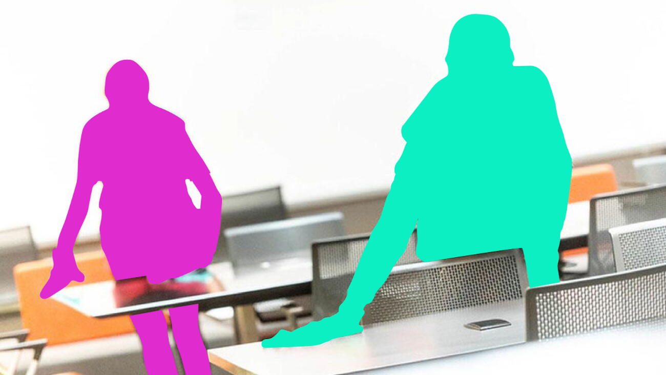 Coloured silhouettes of two custodians wiping school tables