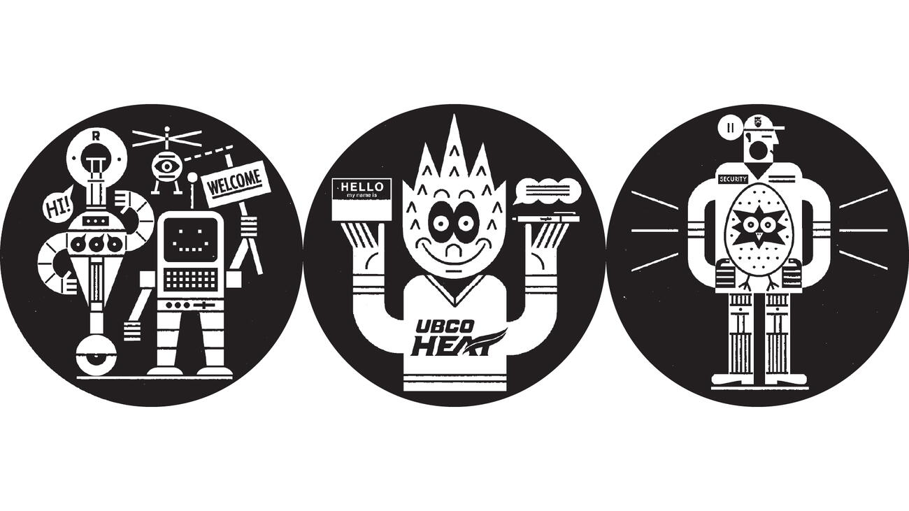 Illustrations of a robot, the UBCO mascot, and the Campus Security team.