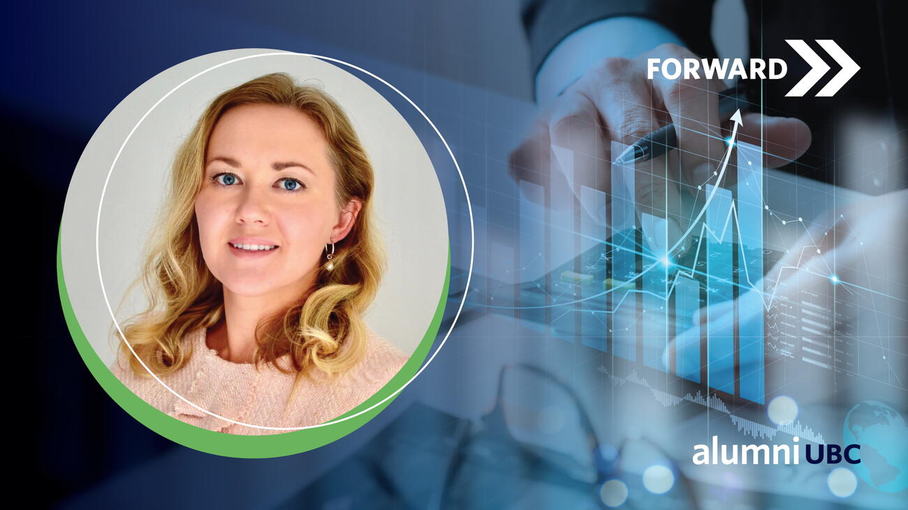 Ksenia Bushmeneva's headshot overlayed on a technology-themed background, showcasing statistics and bar graphs.