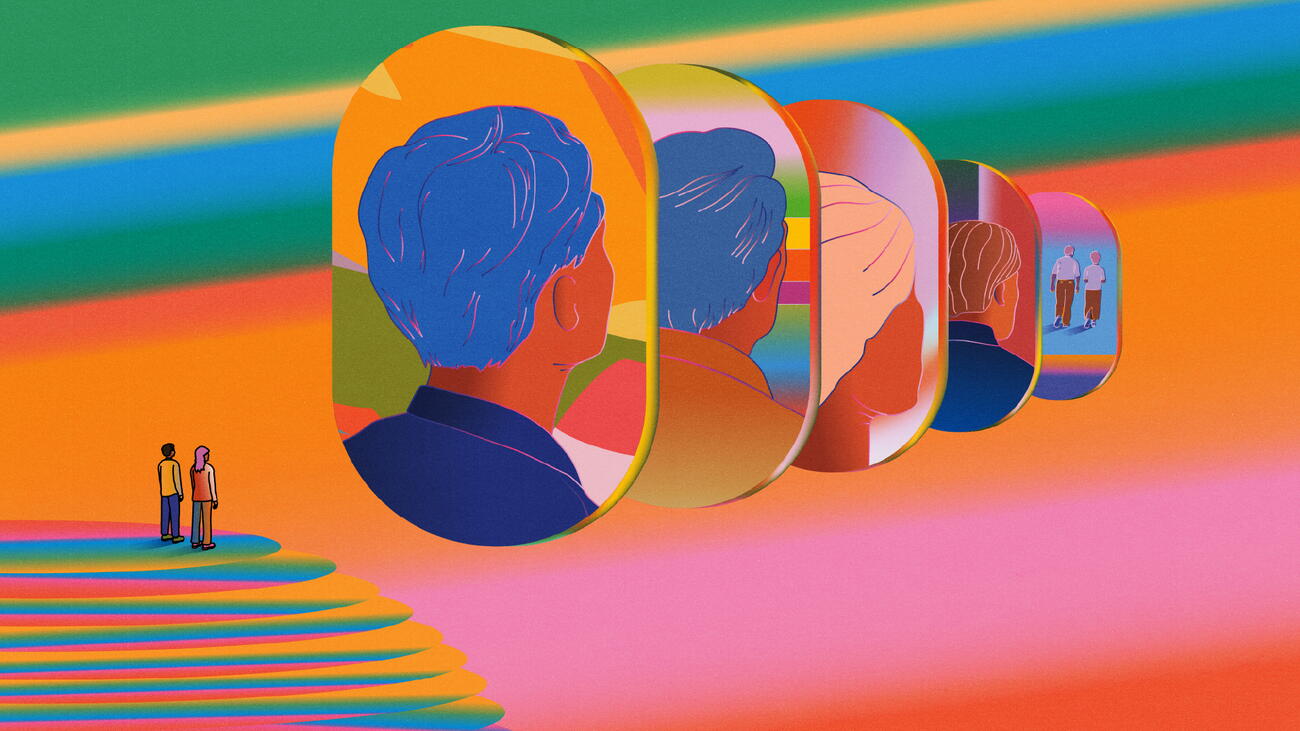 Illustration of two young people watching their older selves.