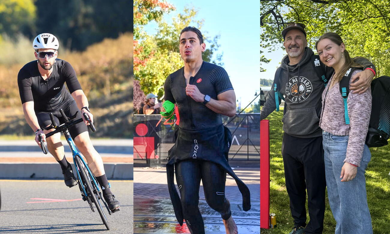 Three photos: Man biking, man jogging, father with arm around daughter