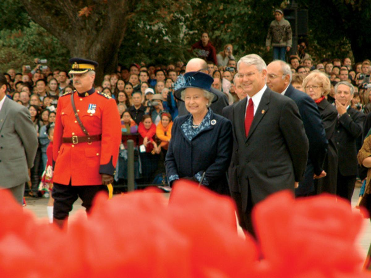 Queen Elizabeth escorted by BC Premier Gordon Campbell along UBC's Main Mall