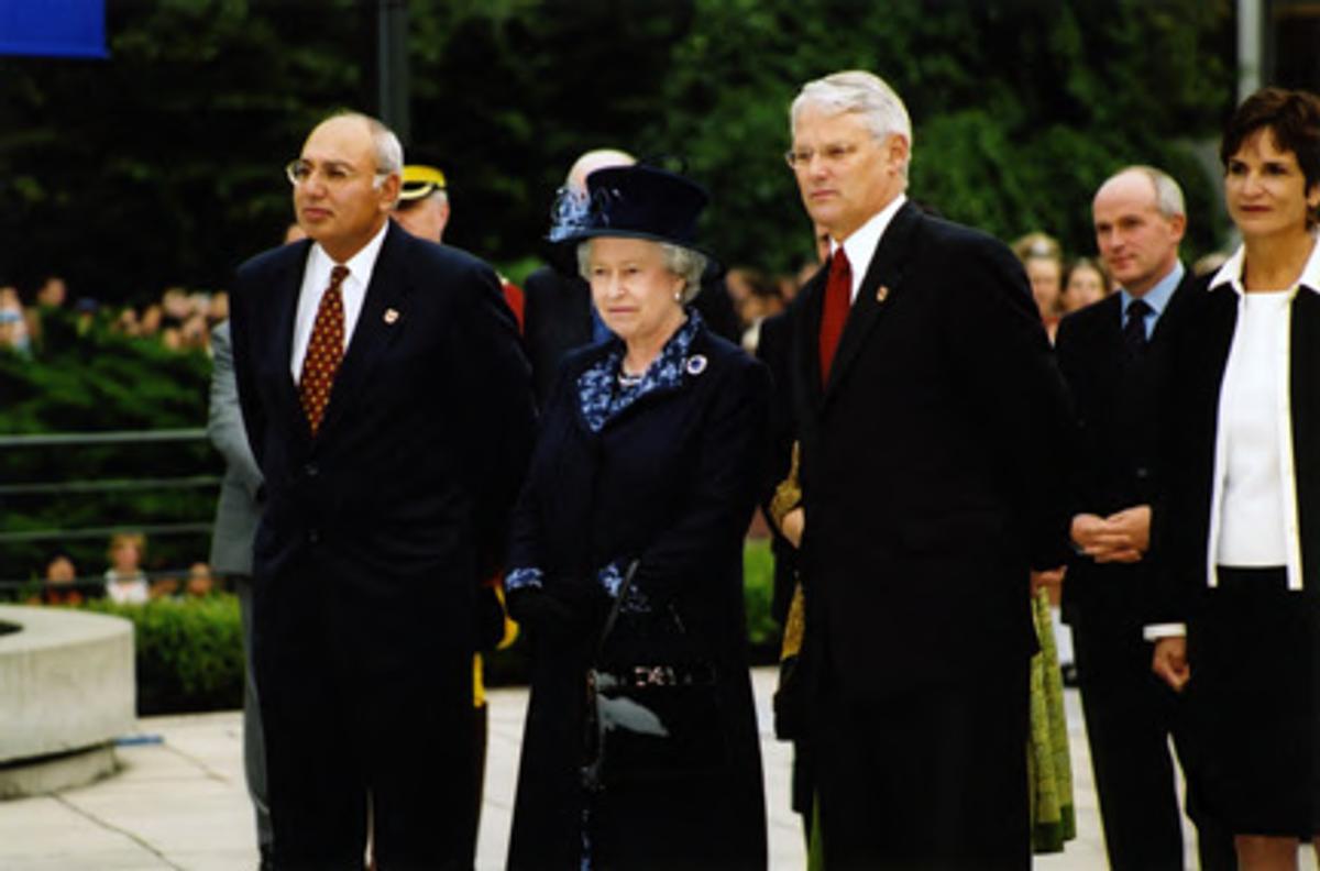 Herb Dhaliwal, Queen Elizabeth, and Gordon Campbell during Royal Jubilee visit to UBC