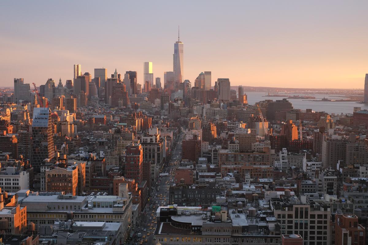 Aerial shot of New York City at sunset