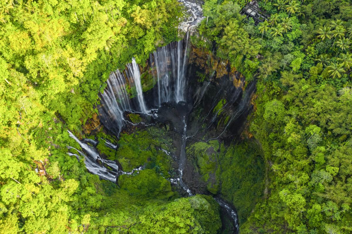 Aerial view from above of the Tumpak Sewu Waterfall 