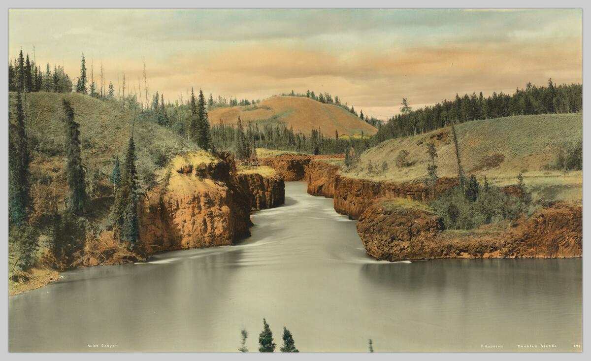 Detail of a photograph depicting Miles Canyon in Douglas, Alaska, between 1900 and 1920. 