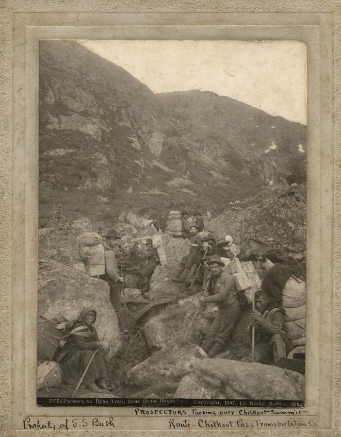 prospectors are packing over the Chilkoot summit route, 1897.