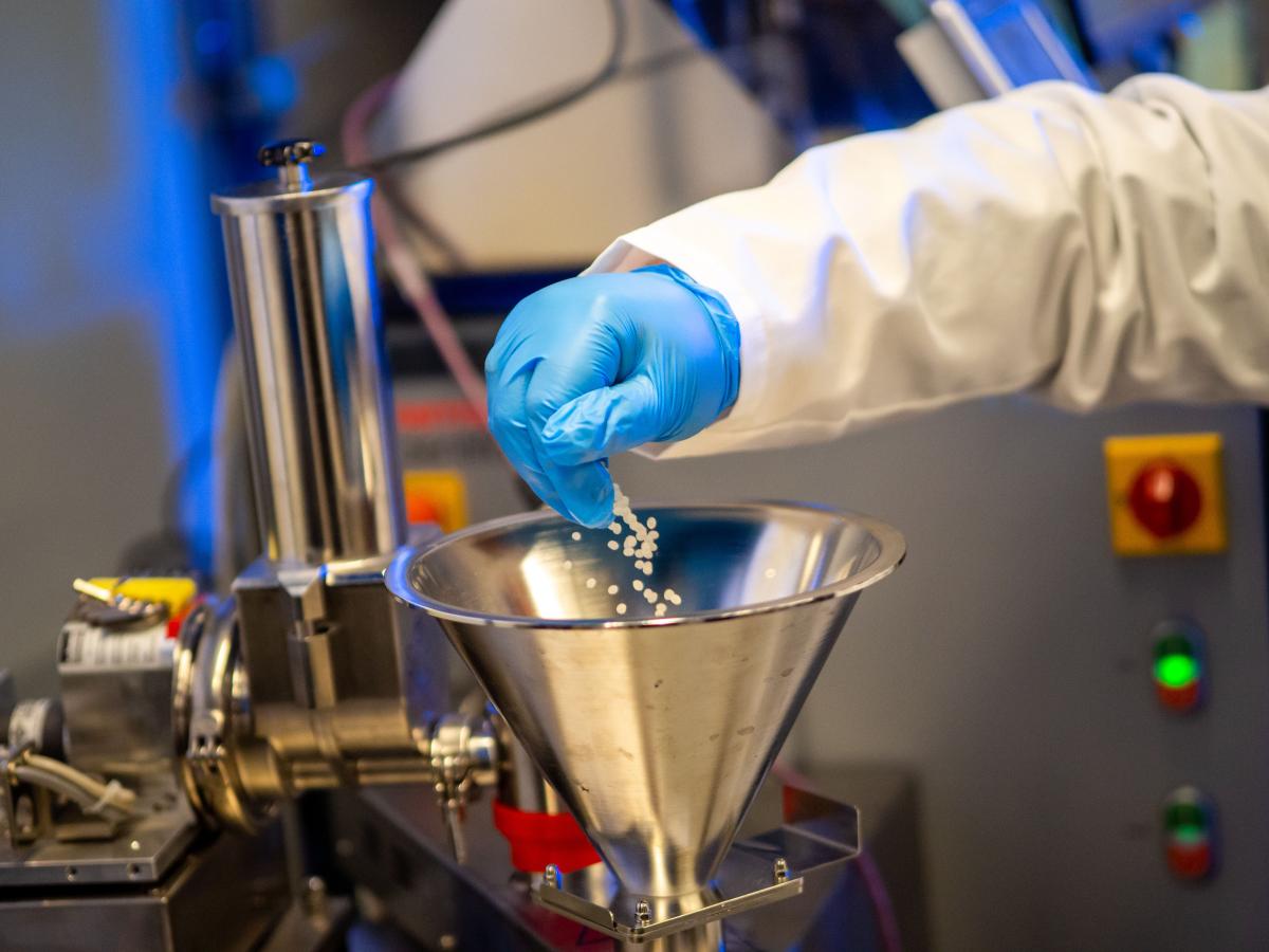 The polymer pellets are added to the lab’s state-of-the-art polymer processing equipment.