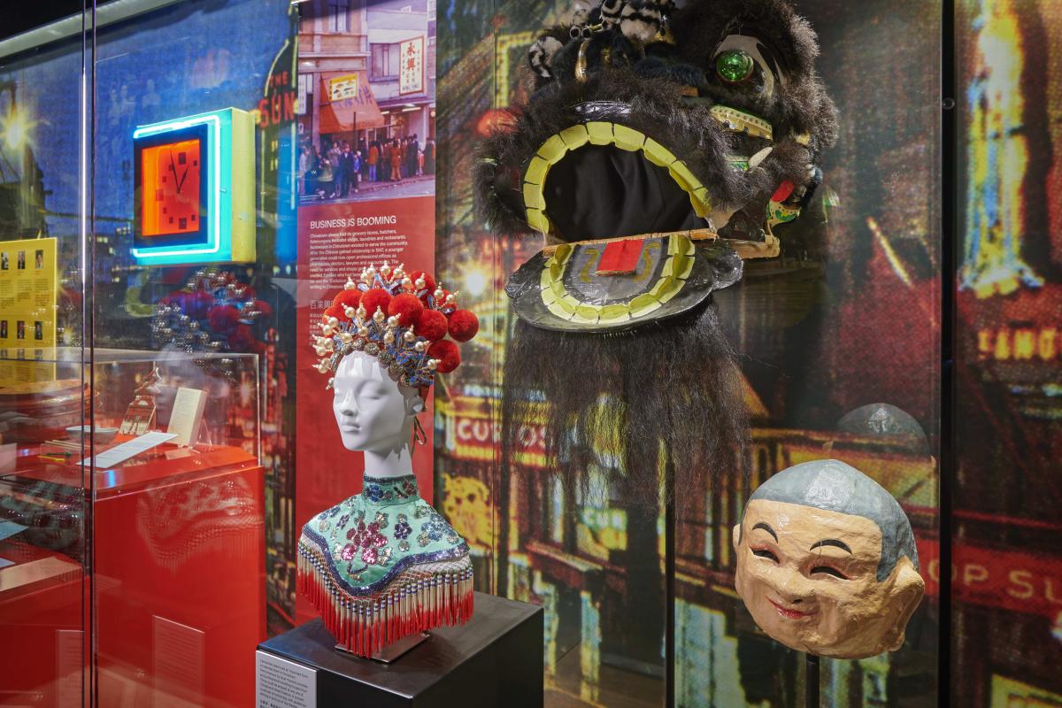 An exhibit showing artifacts related to Chinese Canadian arts and culture