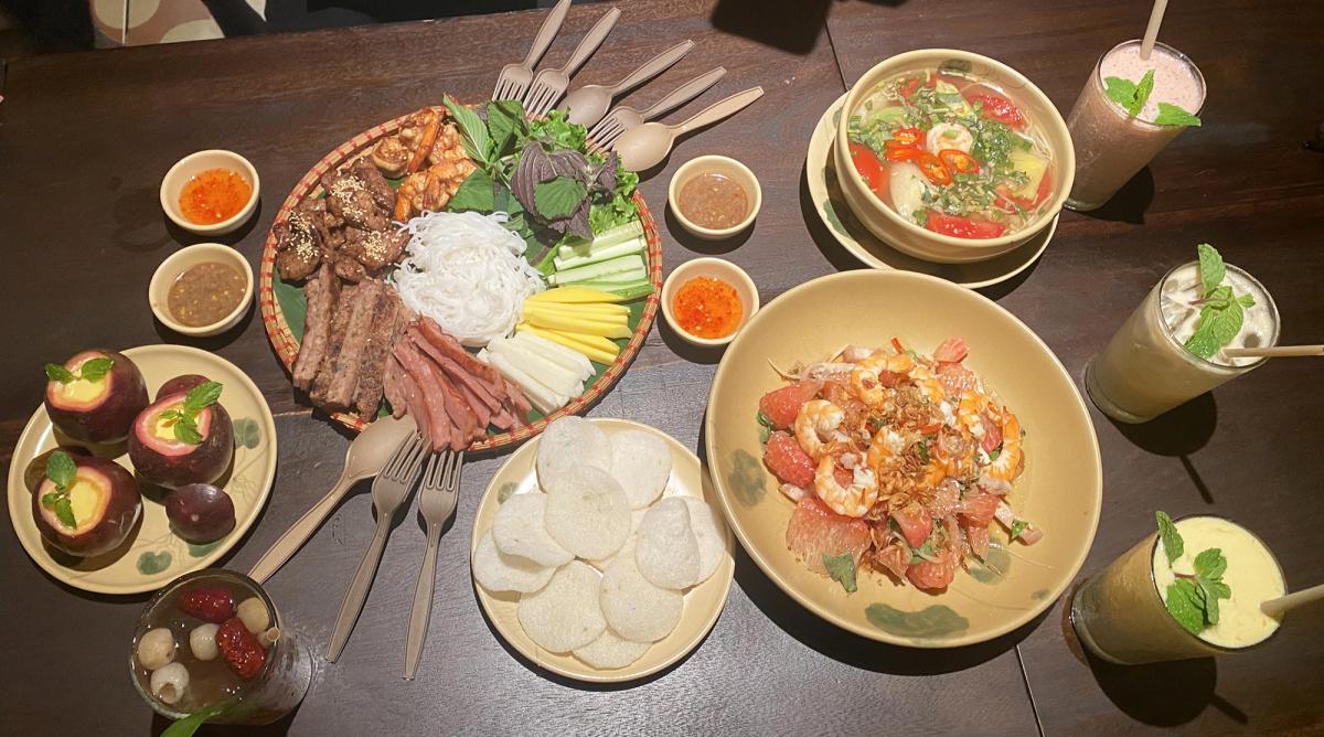 Vietnamese dishes laid out on a table