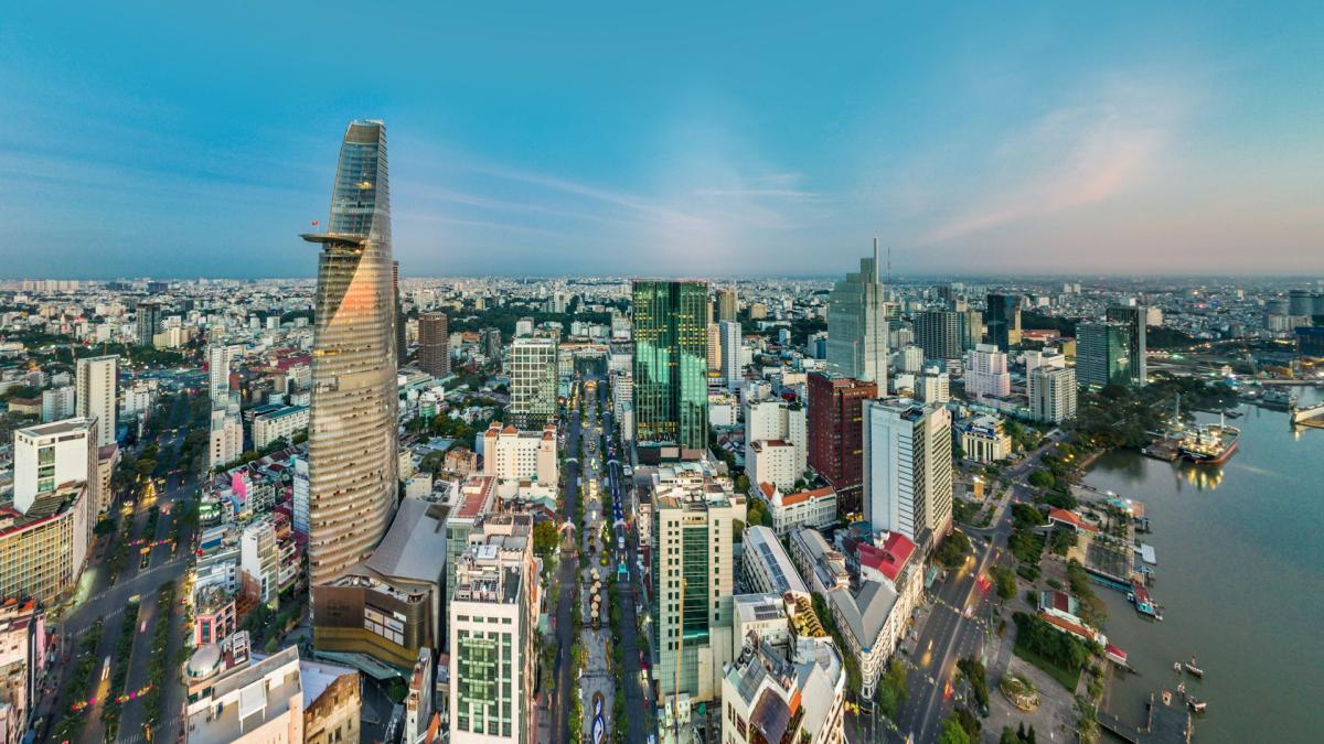 Wide-angle panoramic shot of the skyline of Ho Chi Minh City