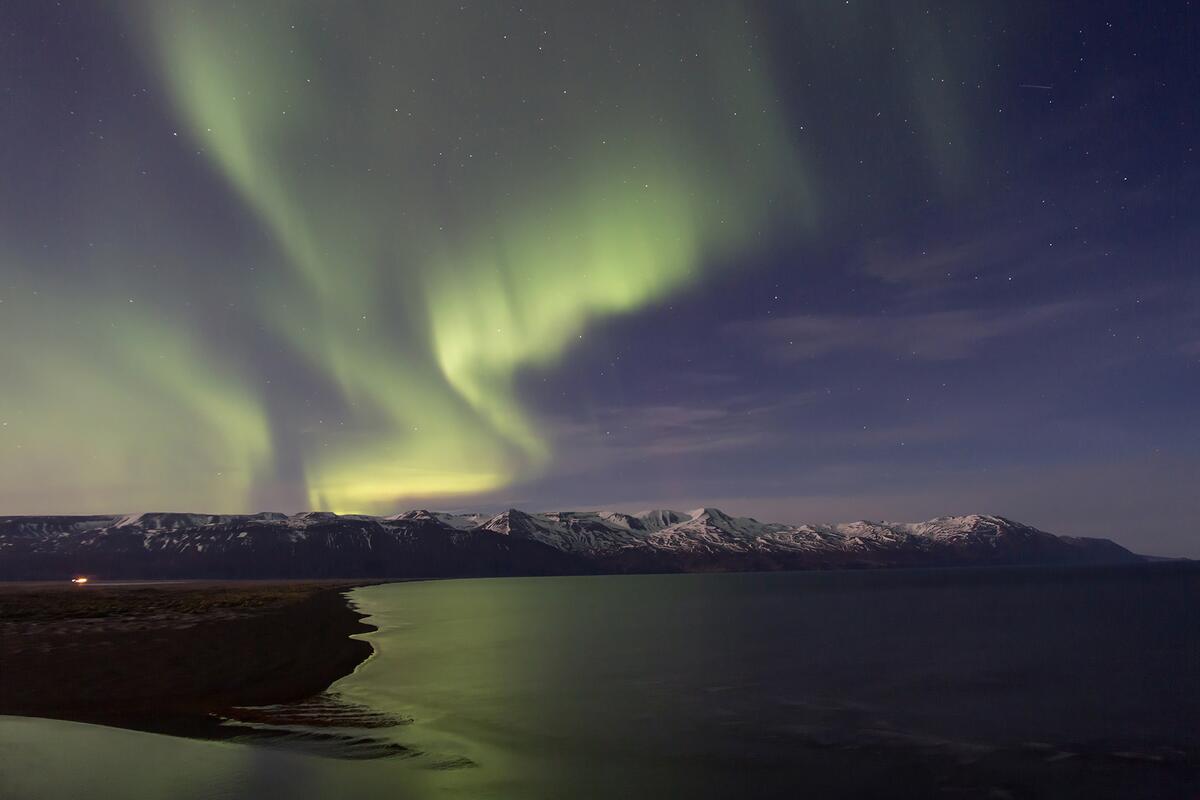 The northern lights over Skjálfandi Bay in Húsavík