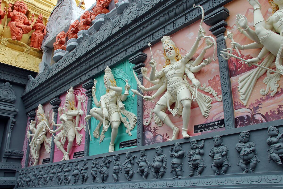 A close-up shot of Sri Senpaga Vinayagar Temple, showing a colourful portion of its facade