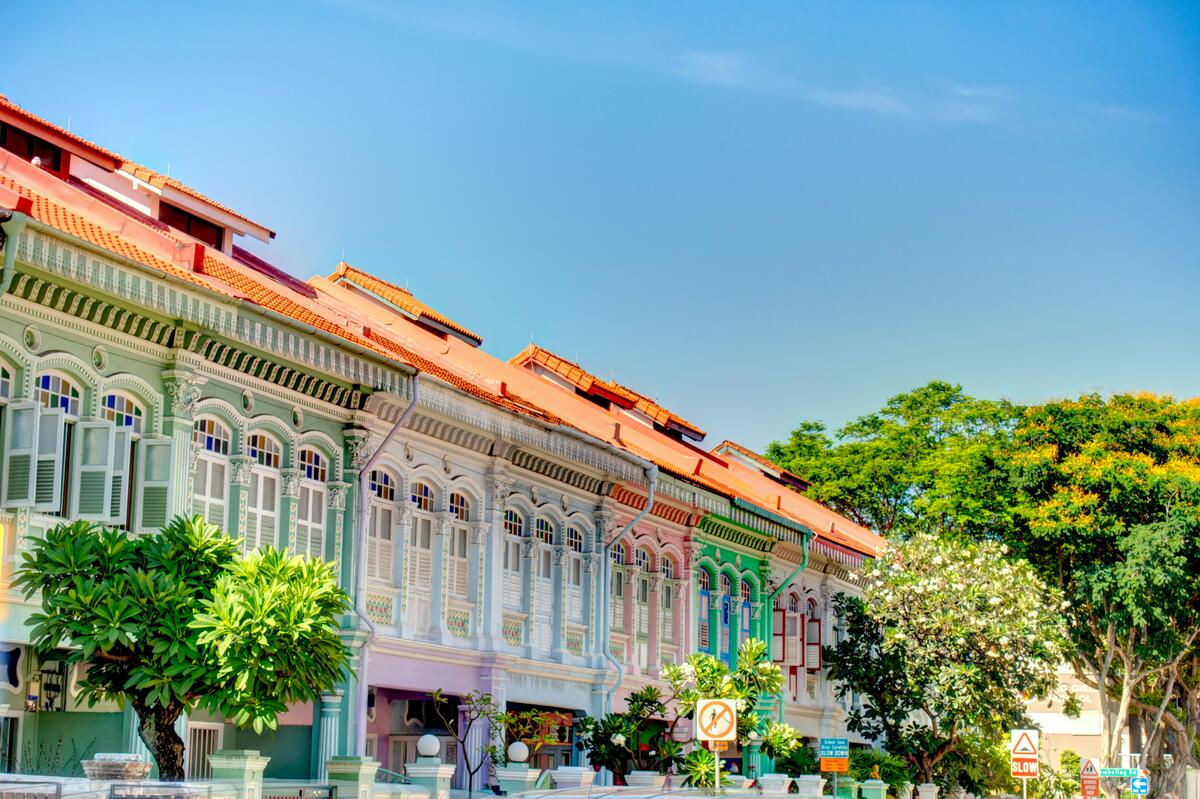 Wide-angle shot of colourful shophouses in Joo Chiat.