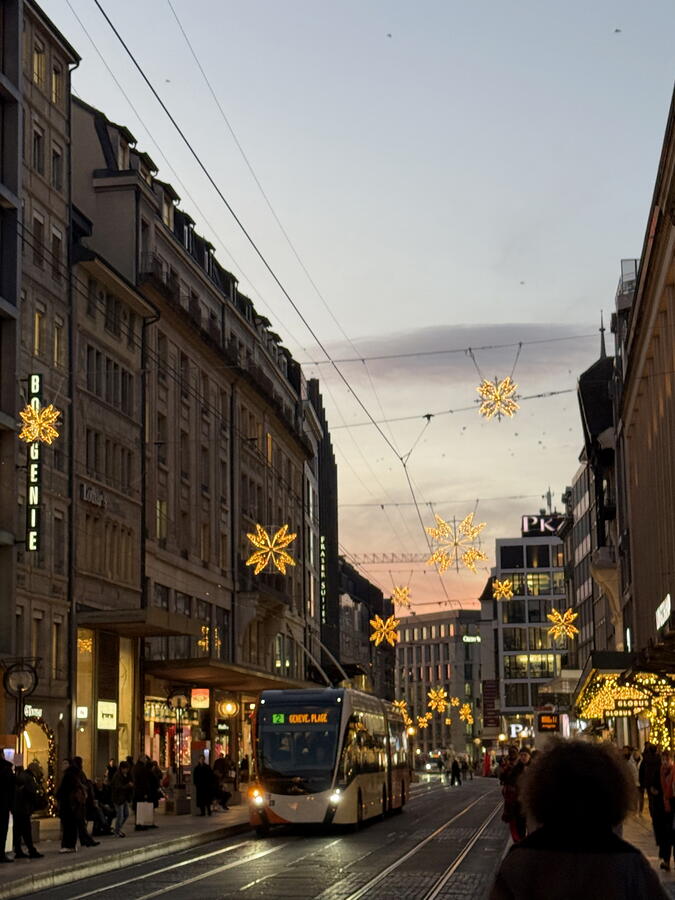 Shot of Rue du Marche at night, with decorative lights strung across the street. 