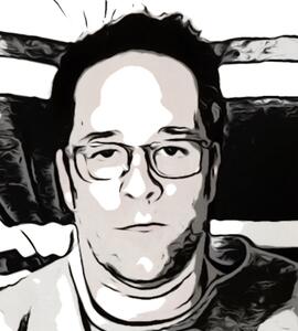 A black and white illustration of a person with short black hair and spectacles