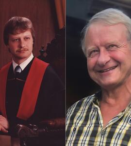 Two side-by-side photos of Paul Edward Yanko, one in his youth wearing a black and red robe, and one in his later years wearing a plaid shirt.