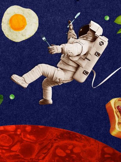 an illustration of an astronaut in space, surrounded by food