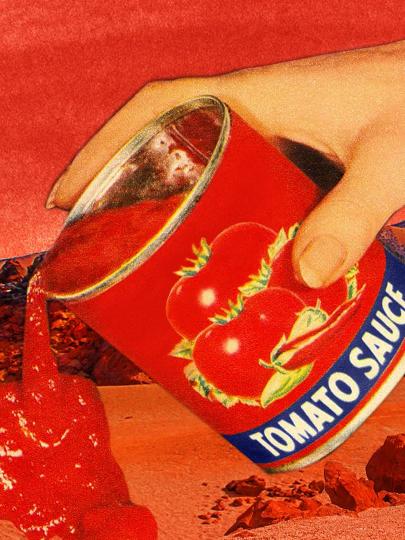 a collage showing a can of tomato sauce being poured over a landscape on Mars