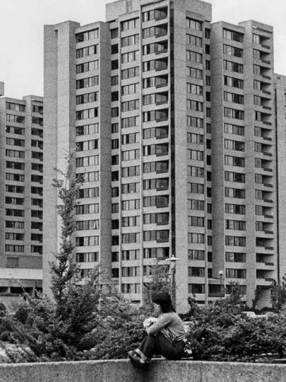 Black and white photo of Walter Gage Towers