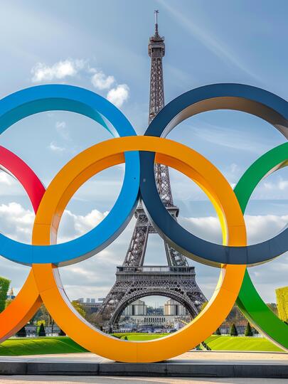 The Olympic rings with the Eiffel Tower in the background