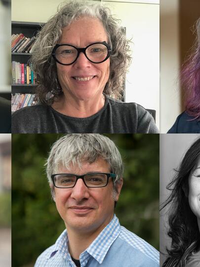 A collection of headshots of the six interviewees, with a white 'Q.' in the bottom right corner.